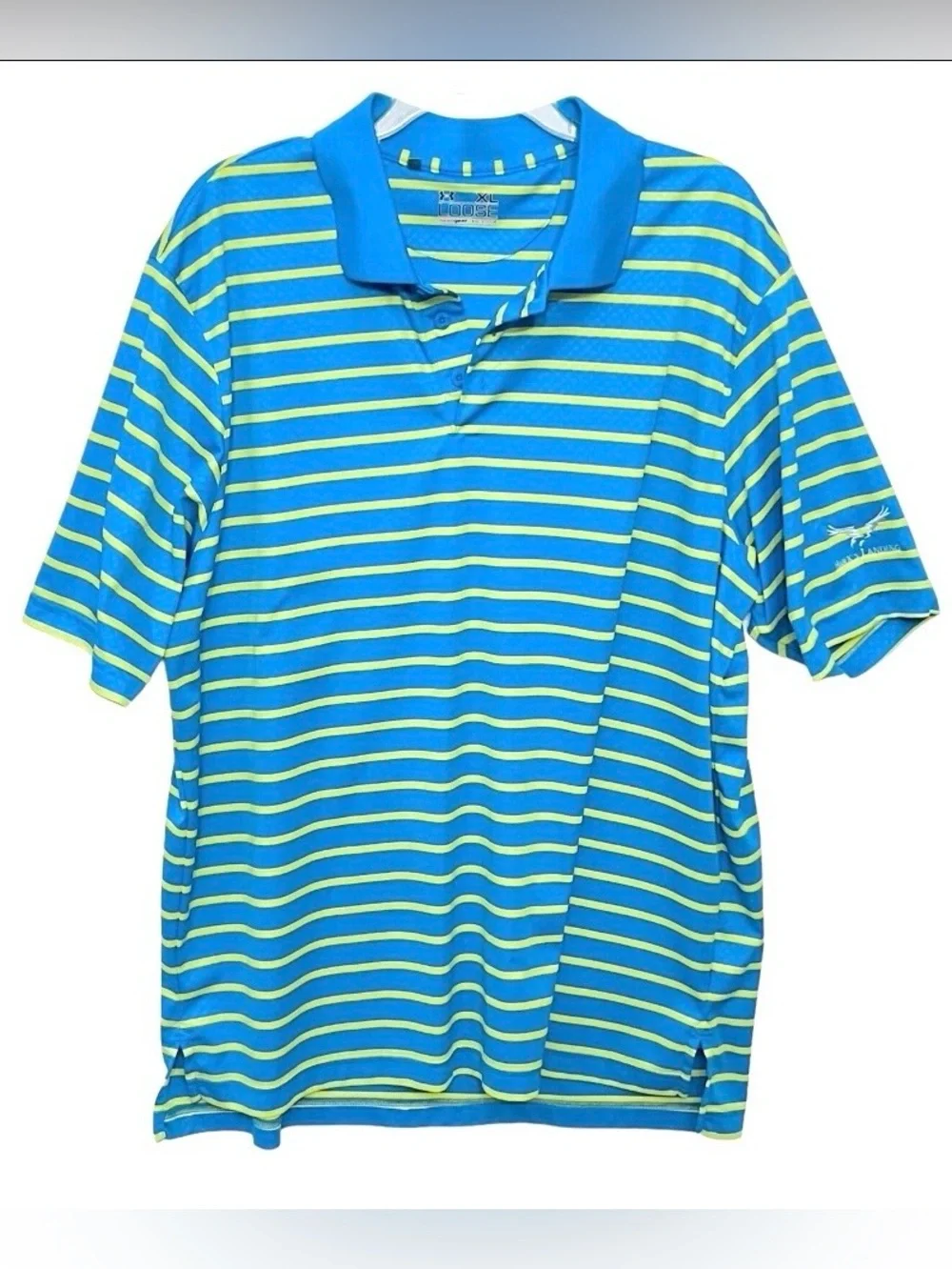 Under Armour Heat Gear Loose Polo  Florida Golf Course Blue Yellow Stripes Sz XL - Picture 2 of 12